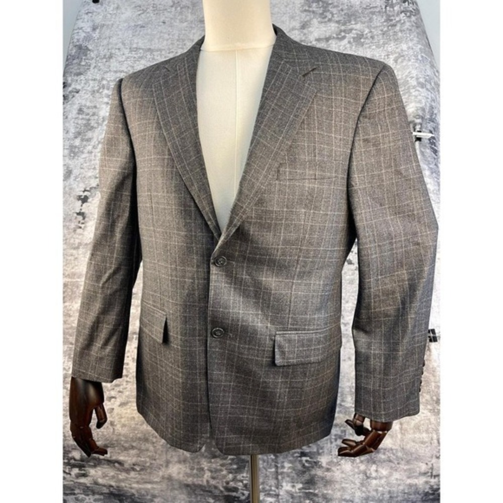 Tasso Elba Blazer‎ Gray S40 Windowpane Check Wool Slim Vitale Barberis Canonico
